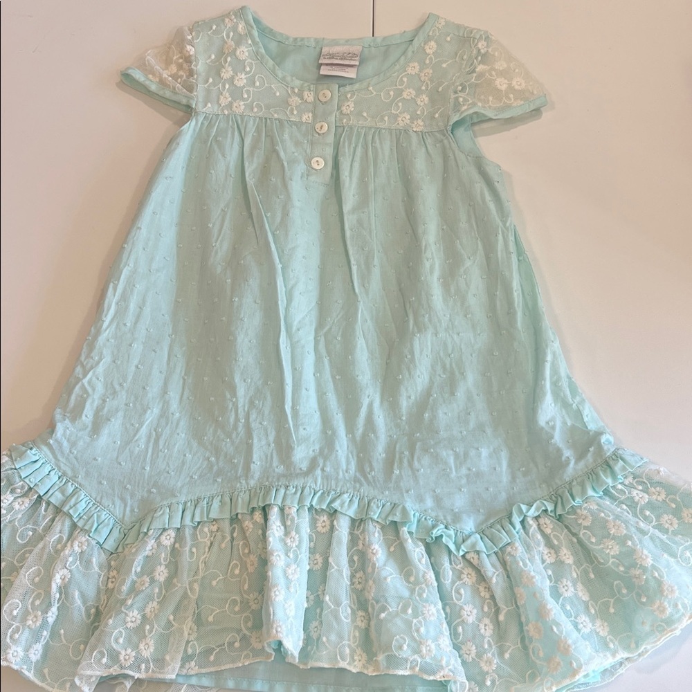 Heirloom Polly Flinders - Light Blue Lace Trim Dress, Swiss Dot,‎ 4T